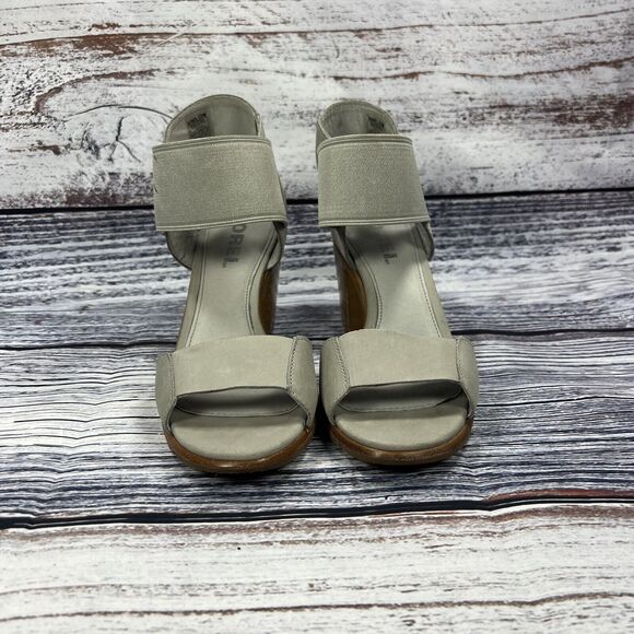 Sorel Nadia Heeled Sandals Elastic Ankle Strap Dove Gray Leather Shoes Women’s 9 - Picture 2 of 8